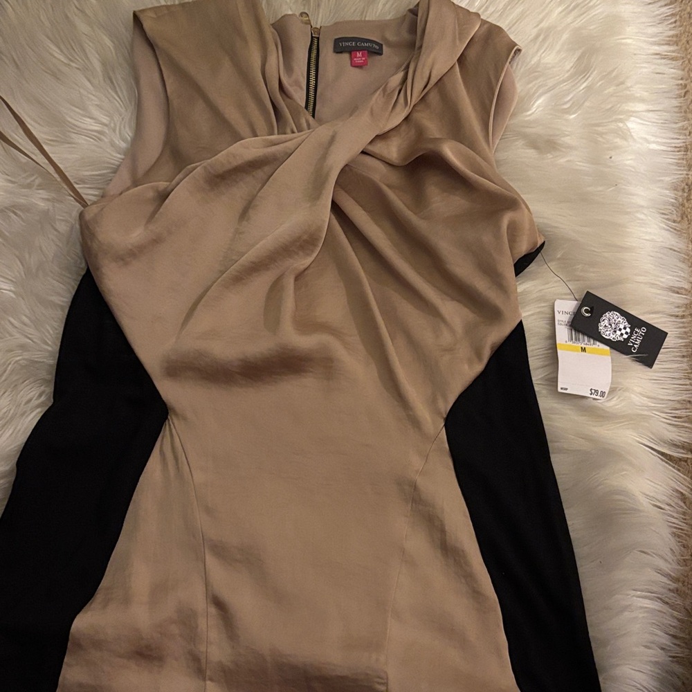 Vince Camuto Tan and Black Draped Dress
